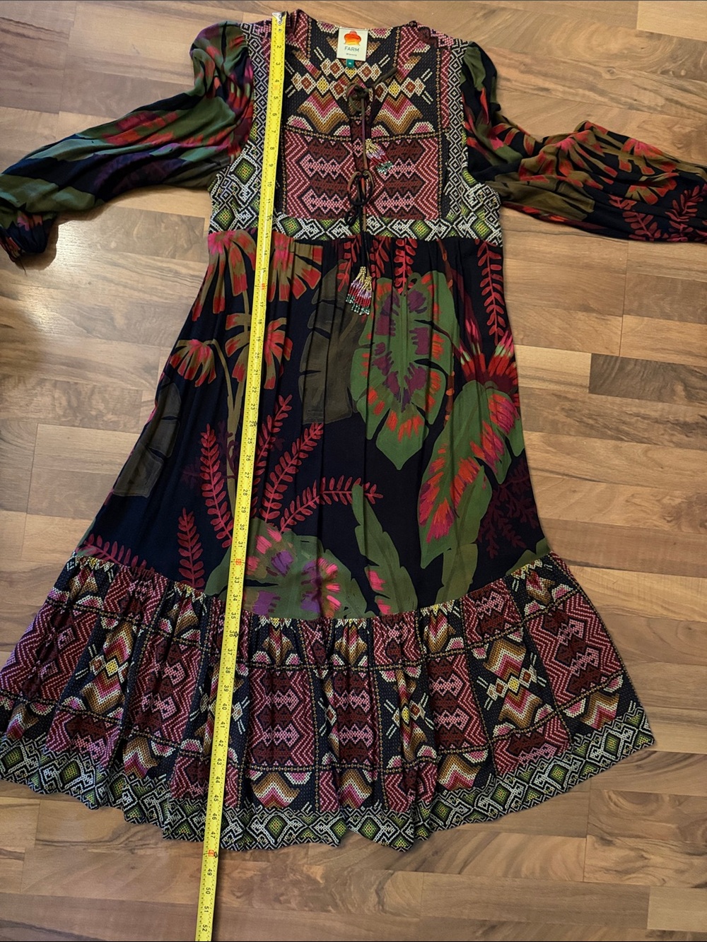 FARM Rio Black Maxi Dress with Pink & Green Tropical Print boho Vibes - Picture 10 of 11